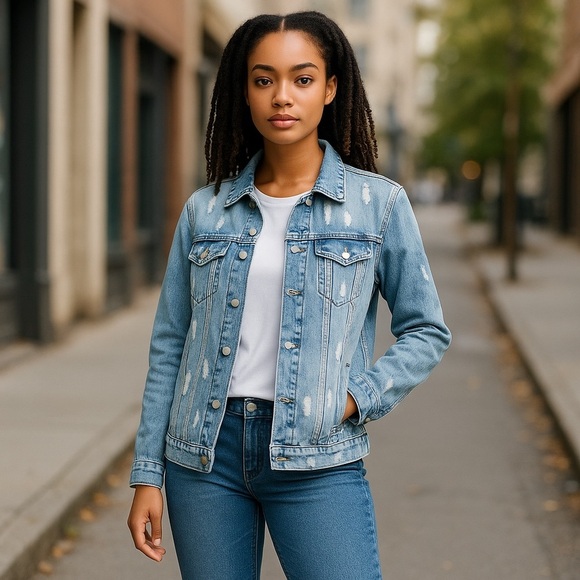 BBJ Los Angeles Distressed Denim Trucker Jacket Light Blue Wash Women’s Small - Picture 1 of 12